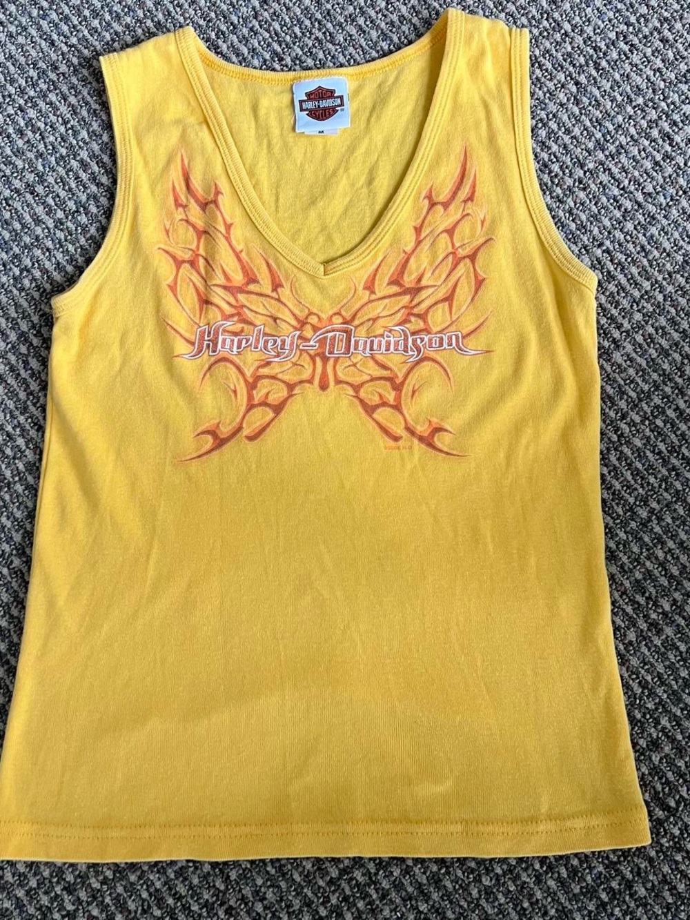 Y2K Harley-Davidson Women’s Yellow V-Neck Tank Top with Flames
